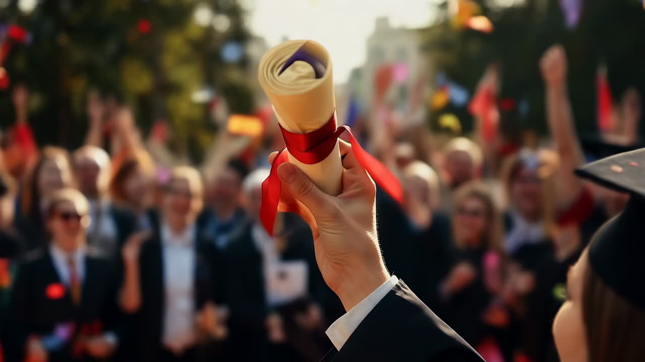 Mão enguantada sinalizando levantamento, girando o diploma com selo de fita no gramado, capelo, confetes comemorando
