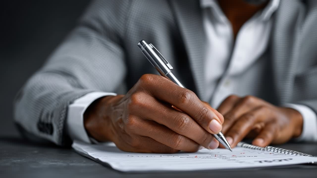Close up of a businessman in a suit writing notes on a notepad during a meeting