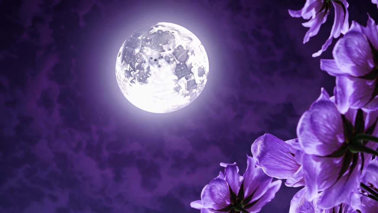 A mystical video scene with a low-angle view of a glowing full moon against a purple sky, framed