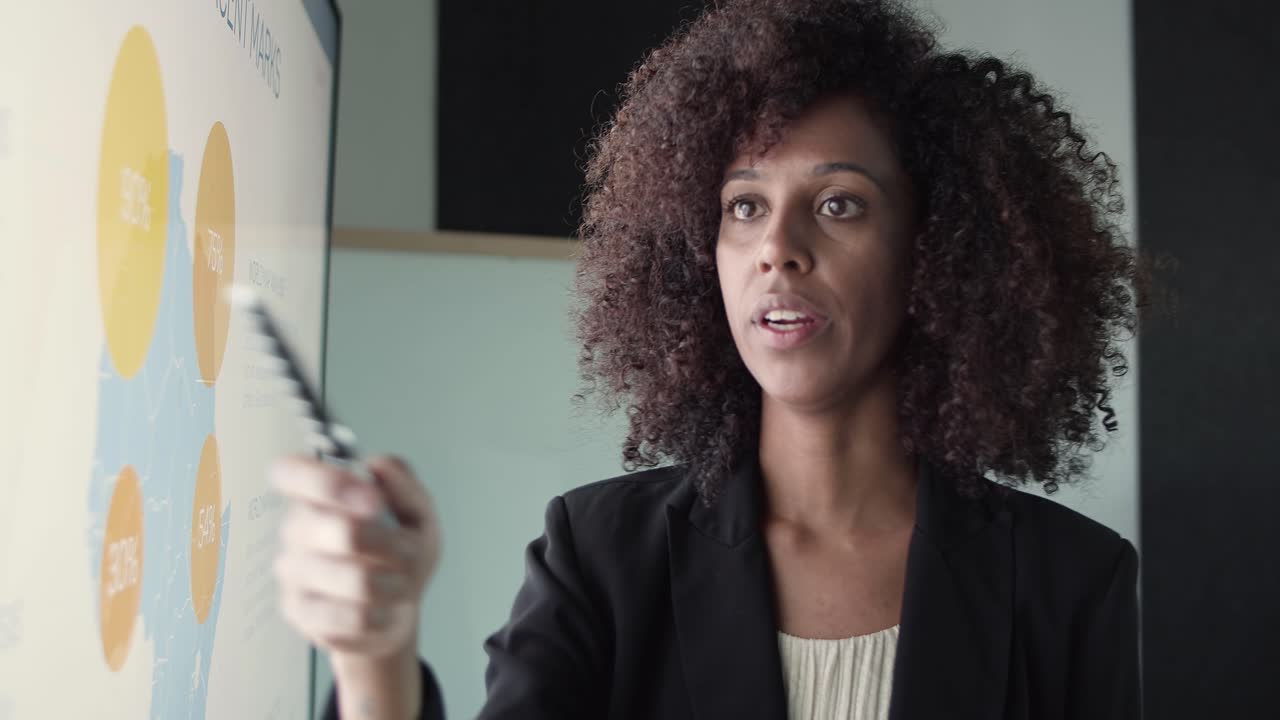 African American office worker holding pen and presenting data