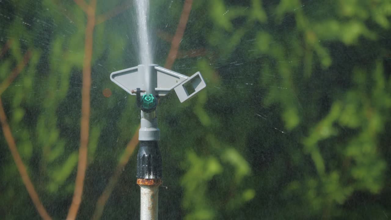 스프링클러는 원으로 회전하여 물을 스프레이합니다.