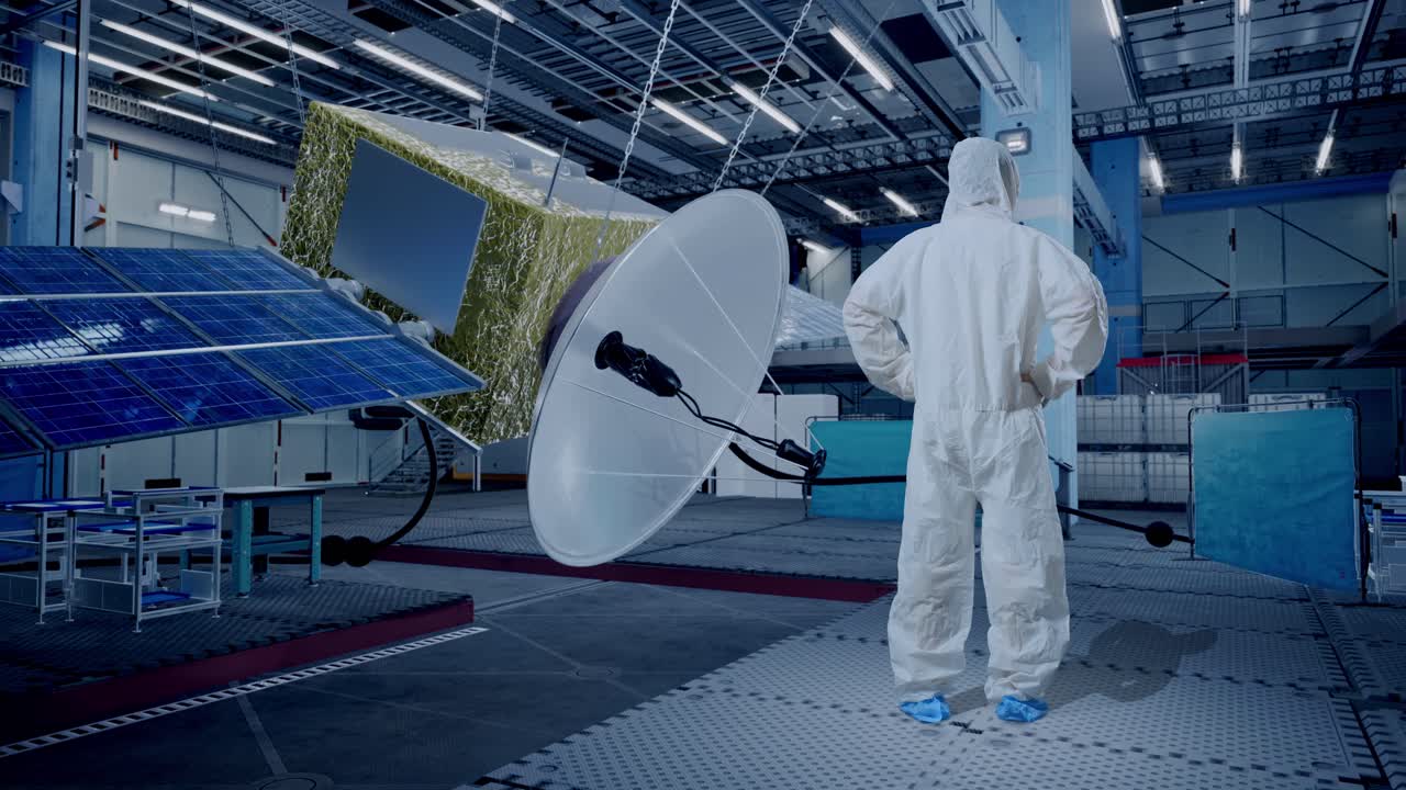 vista trasera del cuerpo completo del científico masculino asiático poniendo las manos en la cadera y mirando a su alrededor con la construcción de la nave espacial