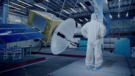 vista trasera del cuerpo completo del científico masculino asiático poniendo las manos en la cadera y mirando a su alrededor con la construcción de la nave espacial