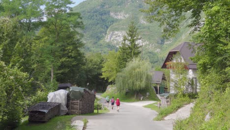 a hiker family going down the road in an alpine mountain village