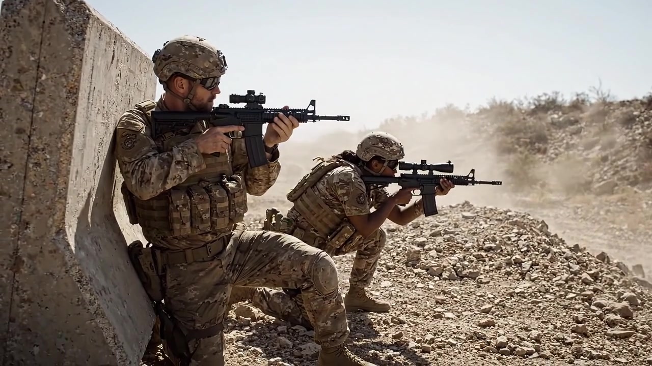 Soldati impegnati in manovre tattiche in terreno arido, dimostrando lavoro di squadra e strategia in situazioni di combattimento ad alta pressione e condizioni desertiche.