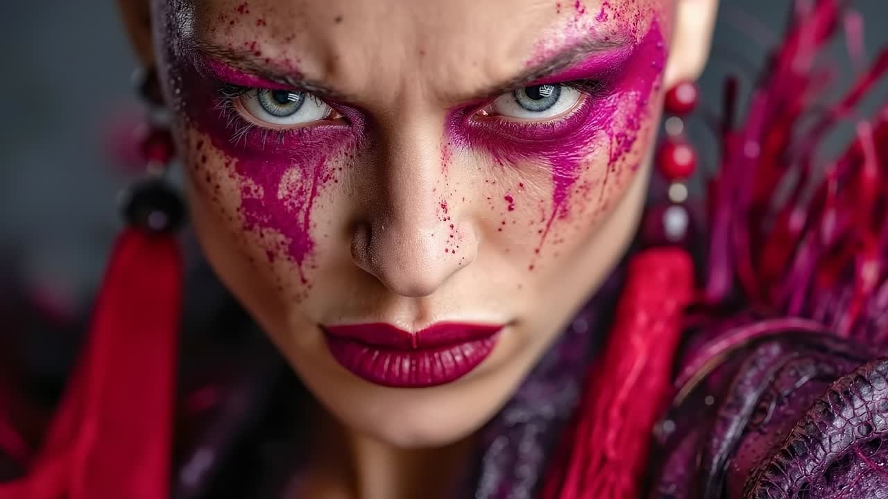 A woman with purple makeup and red hair