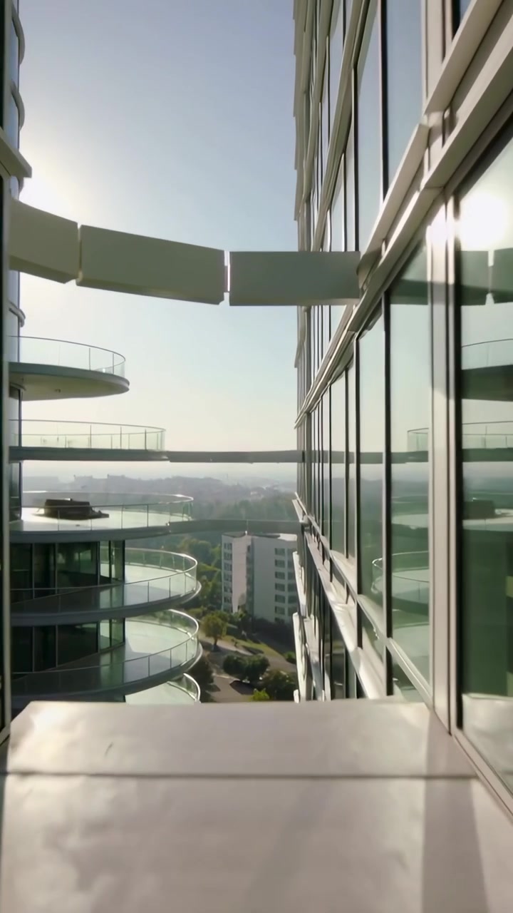 Vídeo vertical: Câmera em movimento revelando caminho ladrilhado e passarelas, expondo uma vista distante da cidade.