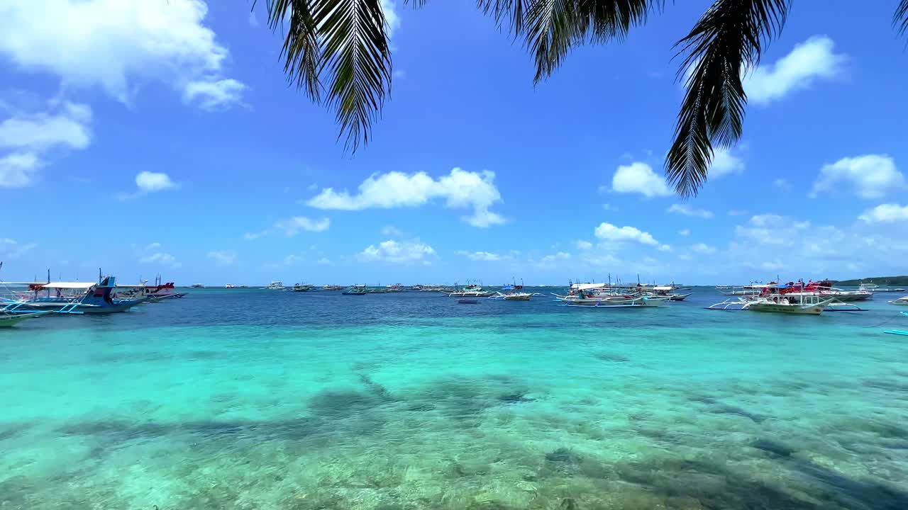 Adventure parasailing boats anchored in stunning turquoise ocean, framed by palm trees under bright blue skies — ideal for travel, tourism, and water sports projects