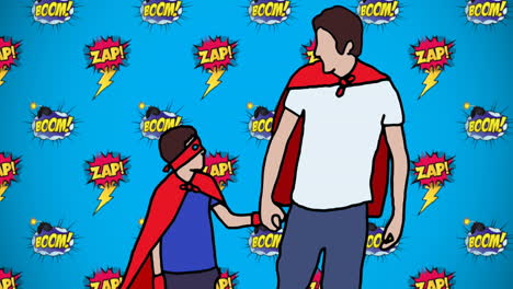 animación de la ilustración de zap, texto boom sobre padre e hijo tomados de la mano en trajes de superhéroes