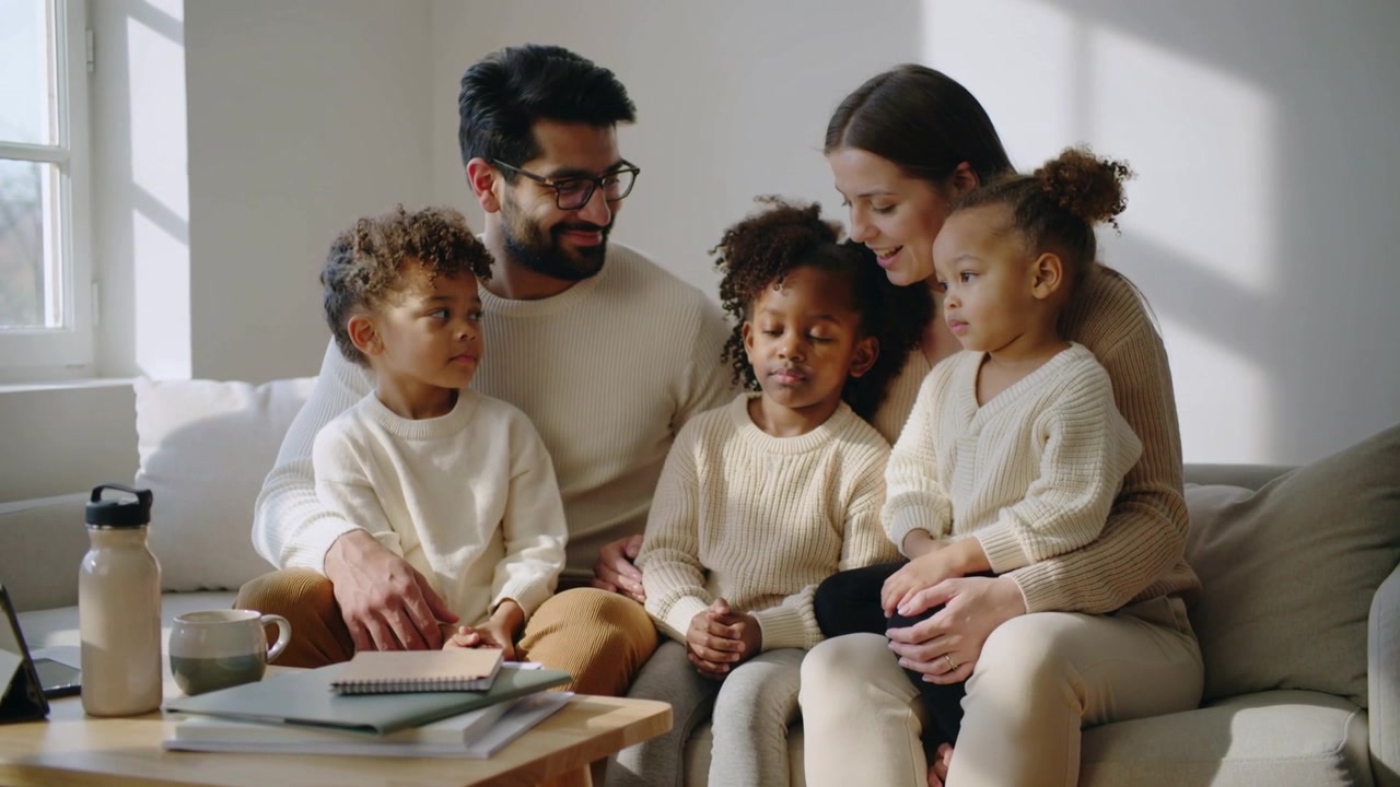 Famille assise en pulls à la maison, l'enfant au centre baissant le regard, les parents se penchant pour offrir du réconfort.