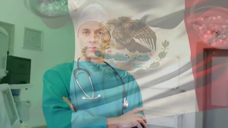 animation of flag of mexico waving over anesthesiologist in operating theatre