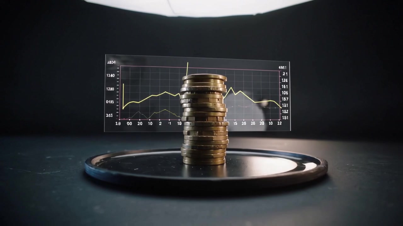 Fremtrædende hologramdiagram, der skifter bag stablede metalmønter på bordpladen og viser markedstendensen.