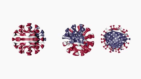 3d animation coronavirus 2019-ncov of usa. usa flag in virus ball spheres covid19, on white background. alpha channel