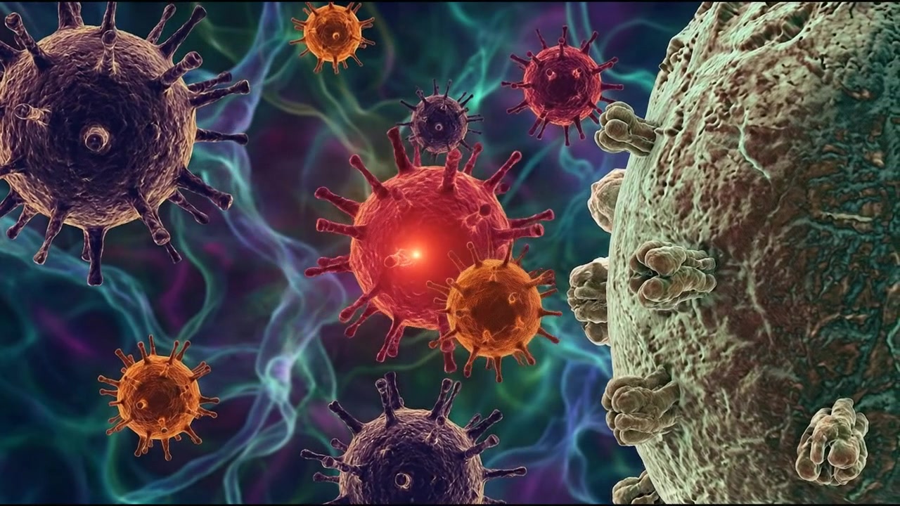 Visione microscopica astratta di cellule virali e materia biologica