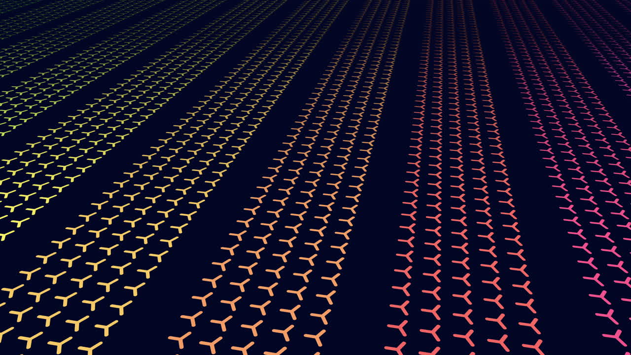 Colorful neon symbols repeat in long perspective rows on a dark surface, creating an abstract geometric background for technology, data, and modern design themes