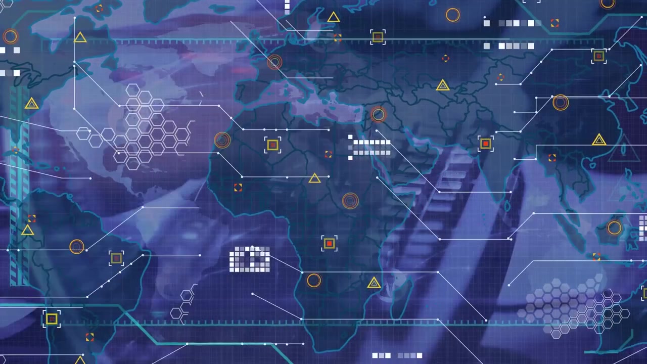 Digital World Map Overlay on Person Typing on Keyboard