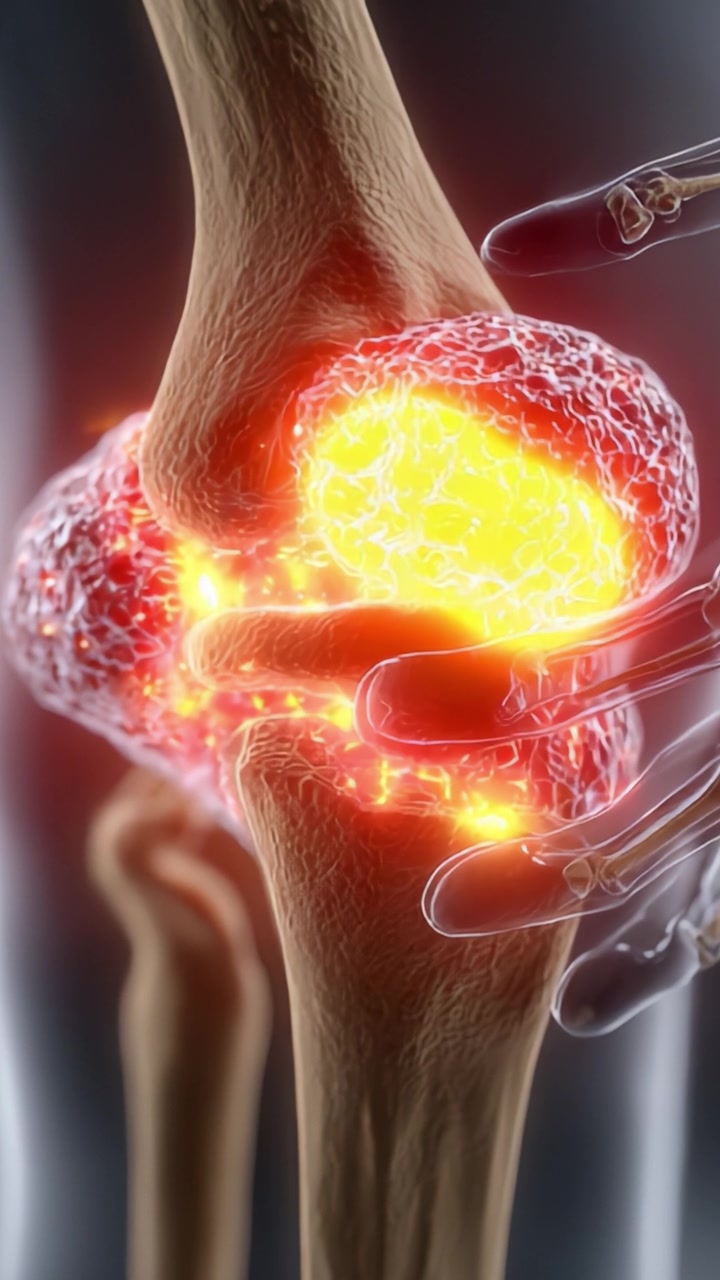 Close-up Visualization of a Human Knee Joint with Highlighted Inflammation and Pain Signals, Showcasing the Complex Interaction of Cartilage and Bone Structures