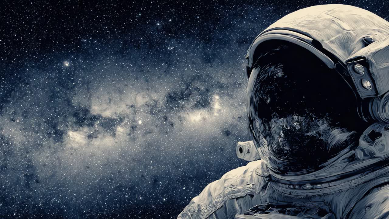 An awe-inspiring depiction of an astronaut exploring the vastness of space, with a backdrop of twinkling stars and a swirling galaxy, emphasizing humanity's quest for discovery beyond Earth