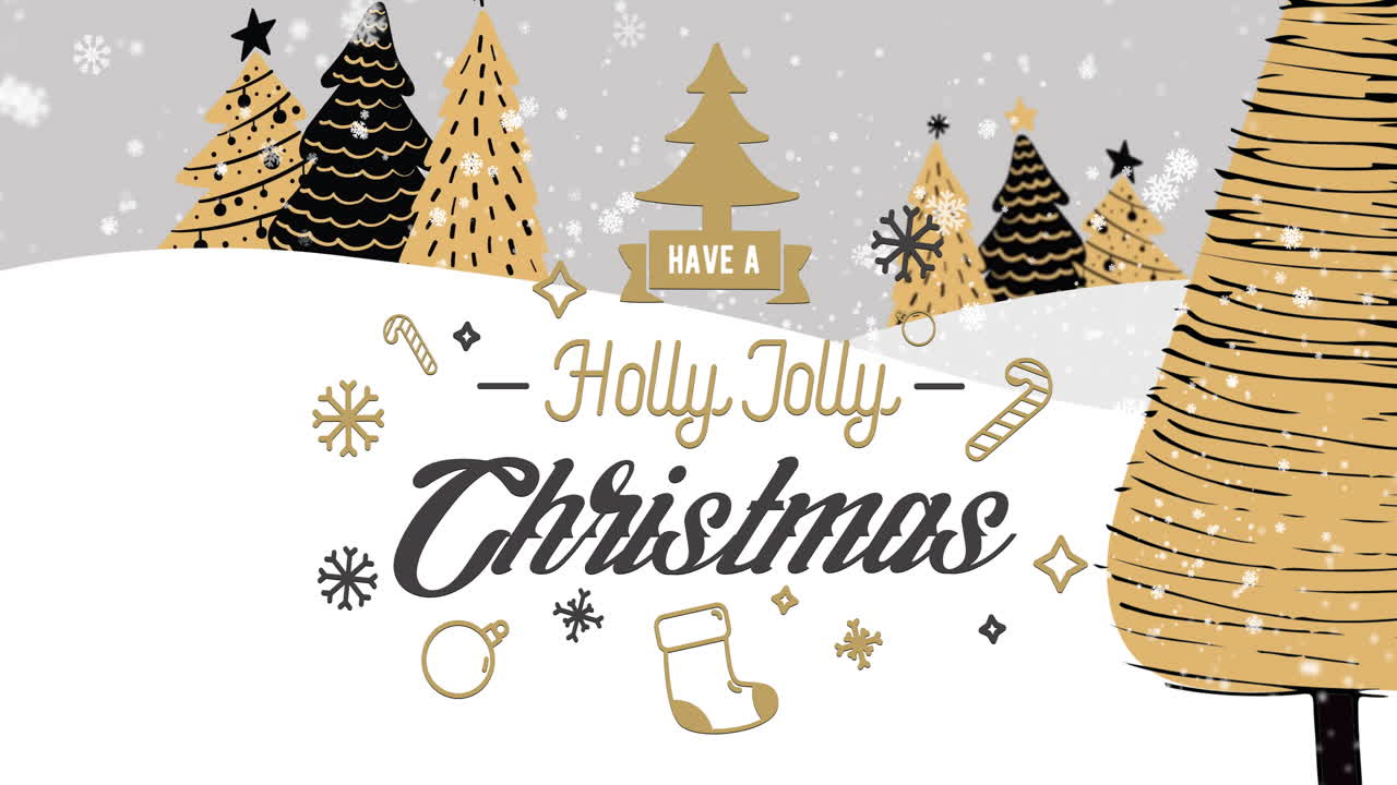 animación de tener un texto de navidad alegre y nieve cayendo sobre el paisaje de invierno