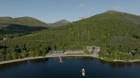 Luftorbital-Der-Loch-Lomond-Lodge-Mit-Blick-Auf-Beinn-Dubh-über-Dem-Wasser