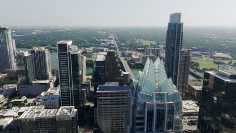 aerial view of austin, texas downtown skyline with frost bank tower
