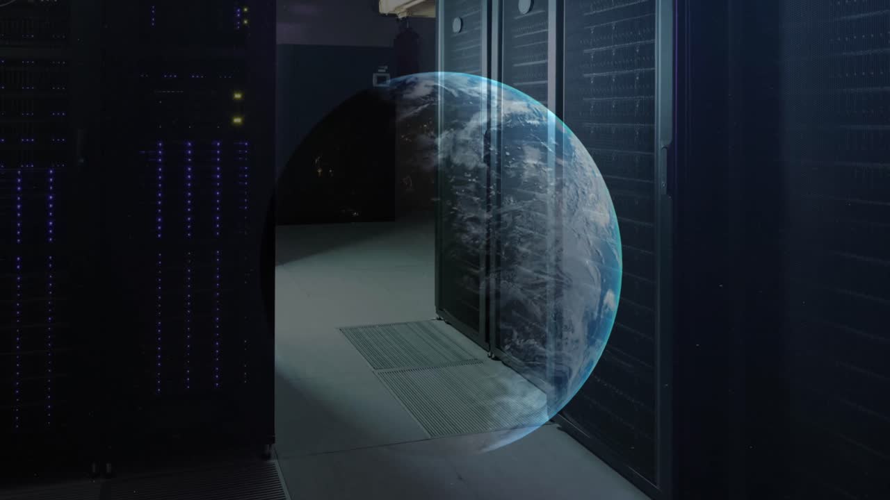 Animation of globe rotating over data server racks