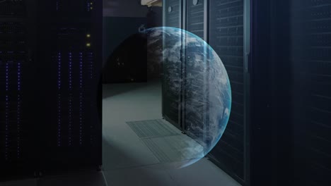 animation of globe rotating over data server racks