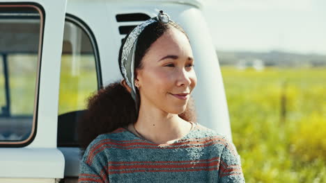 happy, road trip and face of woman by a car