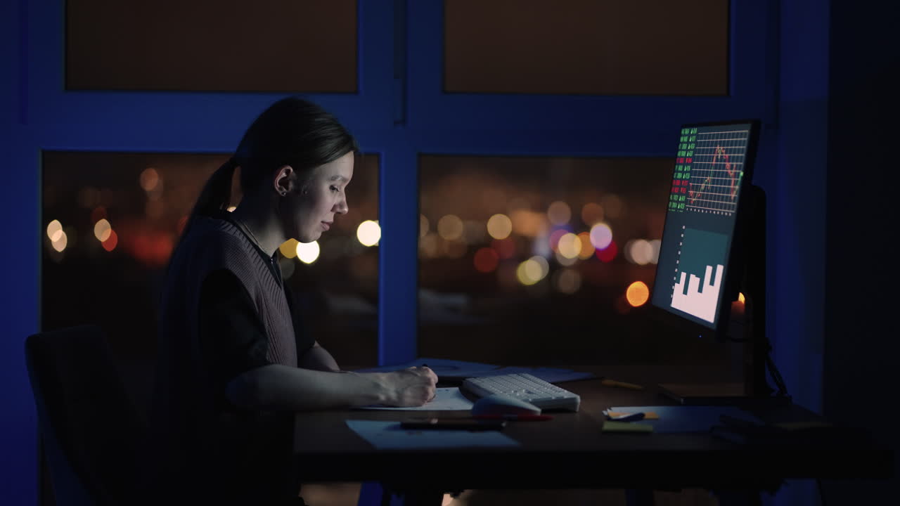 Portrait woman of a Financial Analyst Working on Computer with Multi-Monitor Workstation with Real-Time Stocks Commodities and Exchange Market Charts