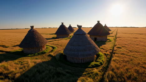 ancient round houses in a golden wheat field