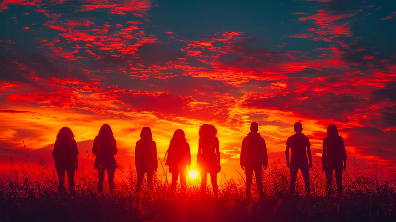 Friends watching sunset in nature. A group of friends stands silhouetted against a vibrant sunset, appreciating the beautiful colors of the sky