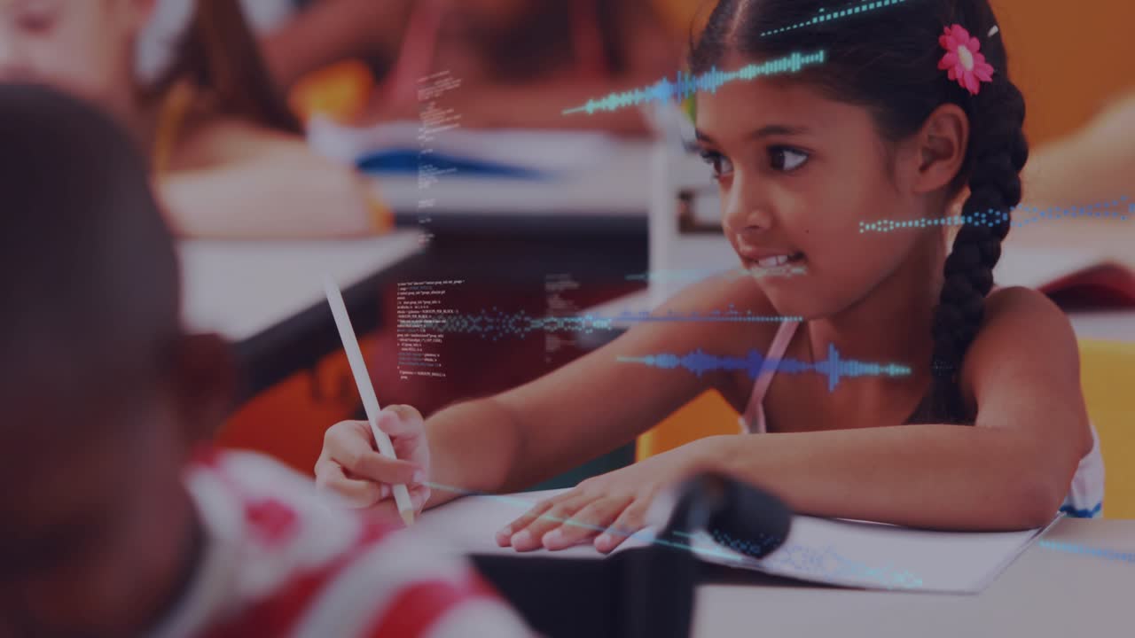 Student lowering pencil and writing in notebook while holographic code waves drifting in classroom