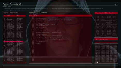Animation of data processing on computer screens over male hacker using computer