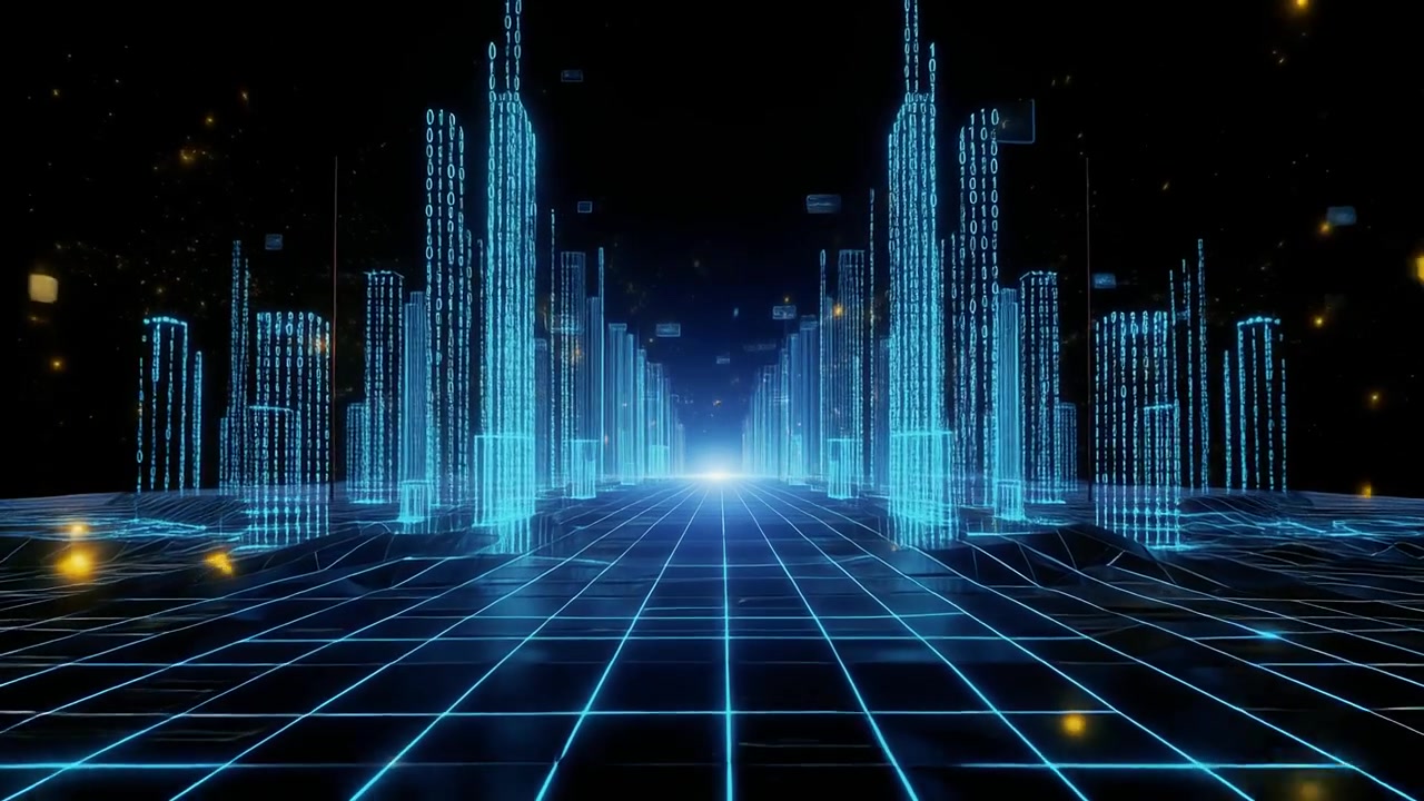 Futuristic Digital Cityscape with Binary Code Skyscrapers and Glowing Grid