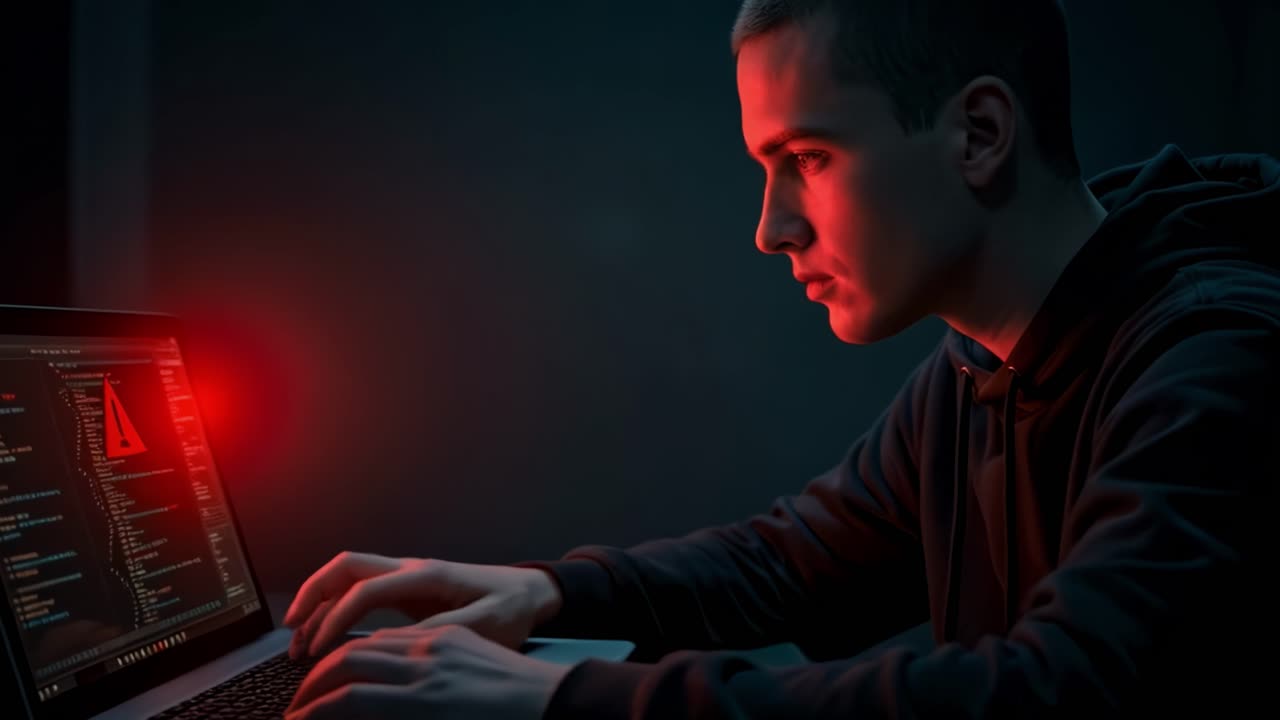 In a dimly lit room, a mysterious coder is intently working late at night, illuminated only by the soft glow of their laptop screen