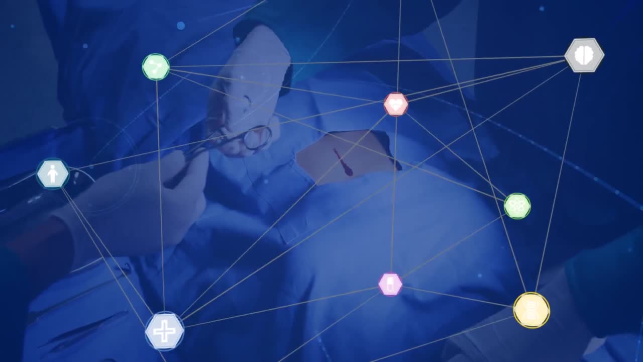 病院で患者を手術する外科医の切断された手の上に接続されたアイコンのアニメーション