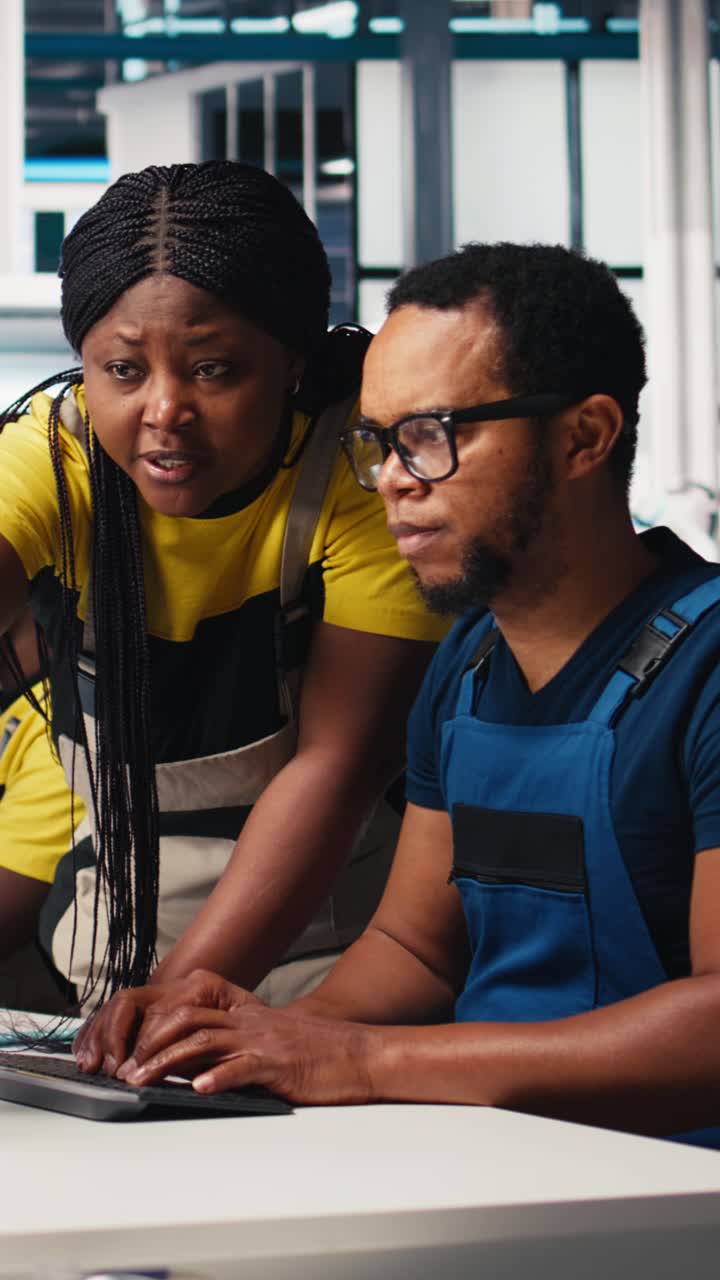Vertical Video African american colleagues analyze power data from solar production line