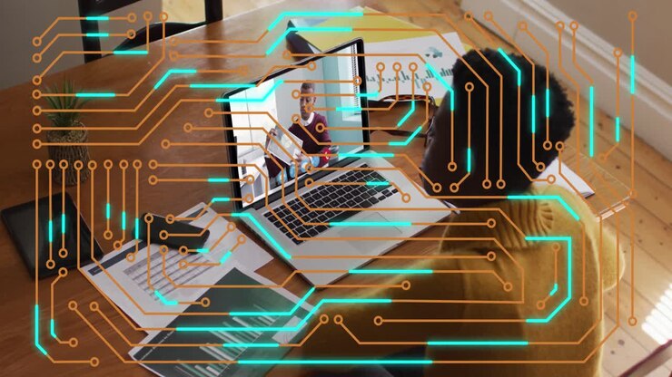 Animation of integrated circuit over african american woman having video call on laptop