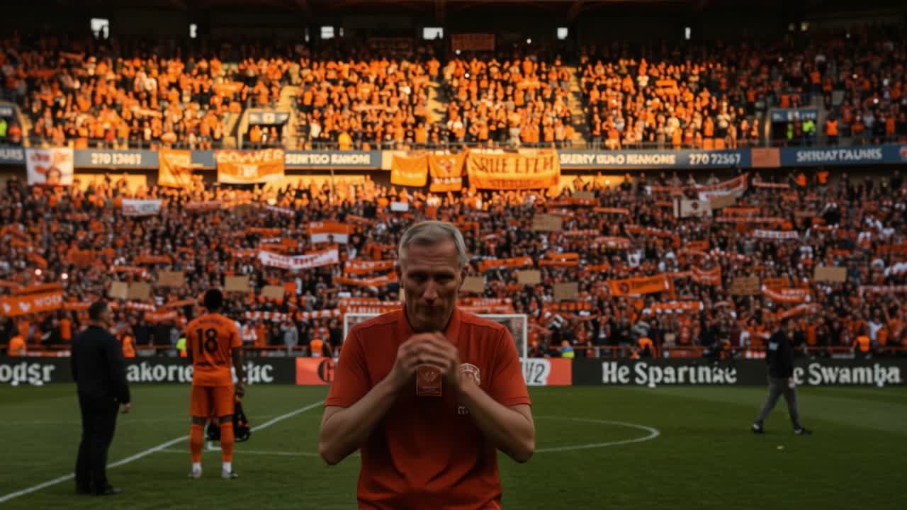 A poignant moment captured amidst a sea of orange as a coach reflects after a match filled with emotion, surrounded by passionate fans united in support