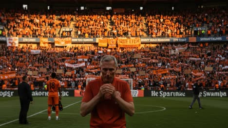 a poignant moment captured amidst a sea of orange as a coach reflects after a match filled with emotion, surrounded by passionate fans united in support