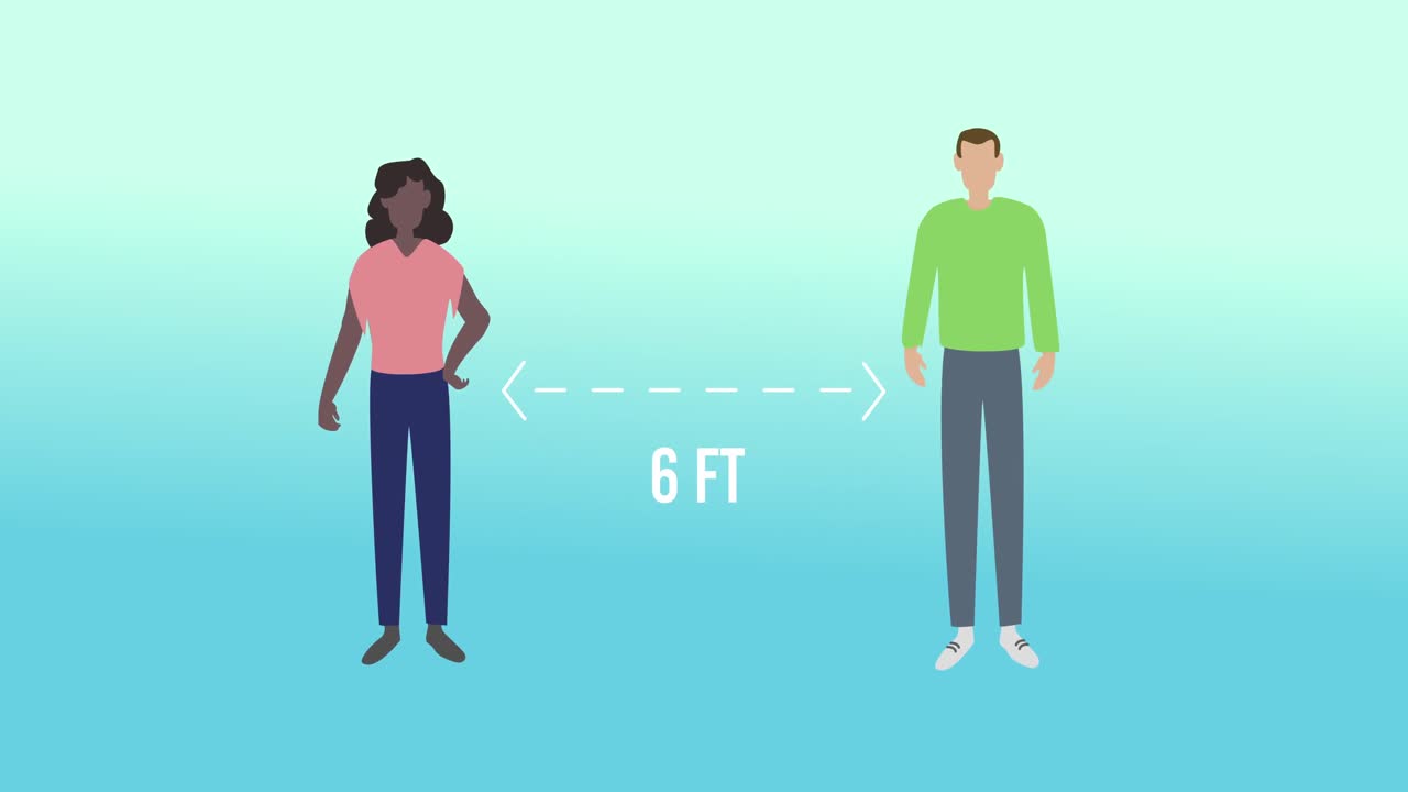 フェイスマスクを着用した2人の人物と、その間に矢印と「2メートル」の文字があるアニメーション