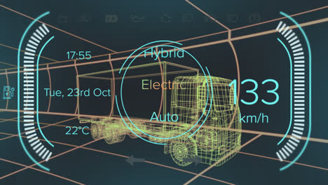 animation of speedometer with numbers, texts over 3d model of truck against black background