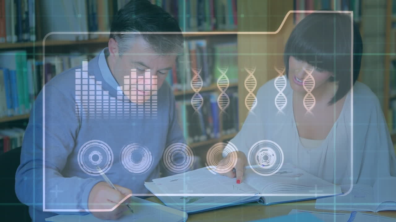 animación de procesamiento de datos sobre profesor caucásico y estudiante con libro