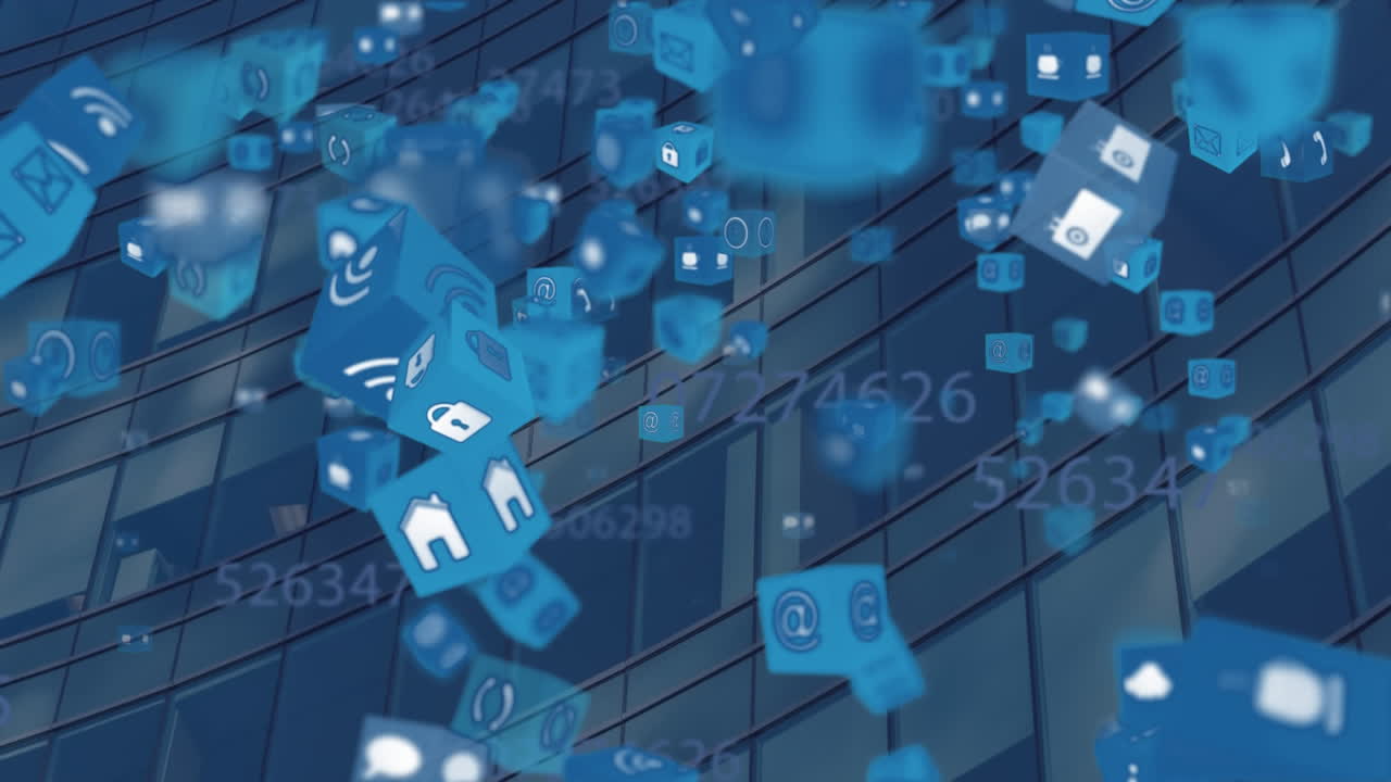 도시 풍경 위에 떠다니는 디지털 아이콘의 애니메이션