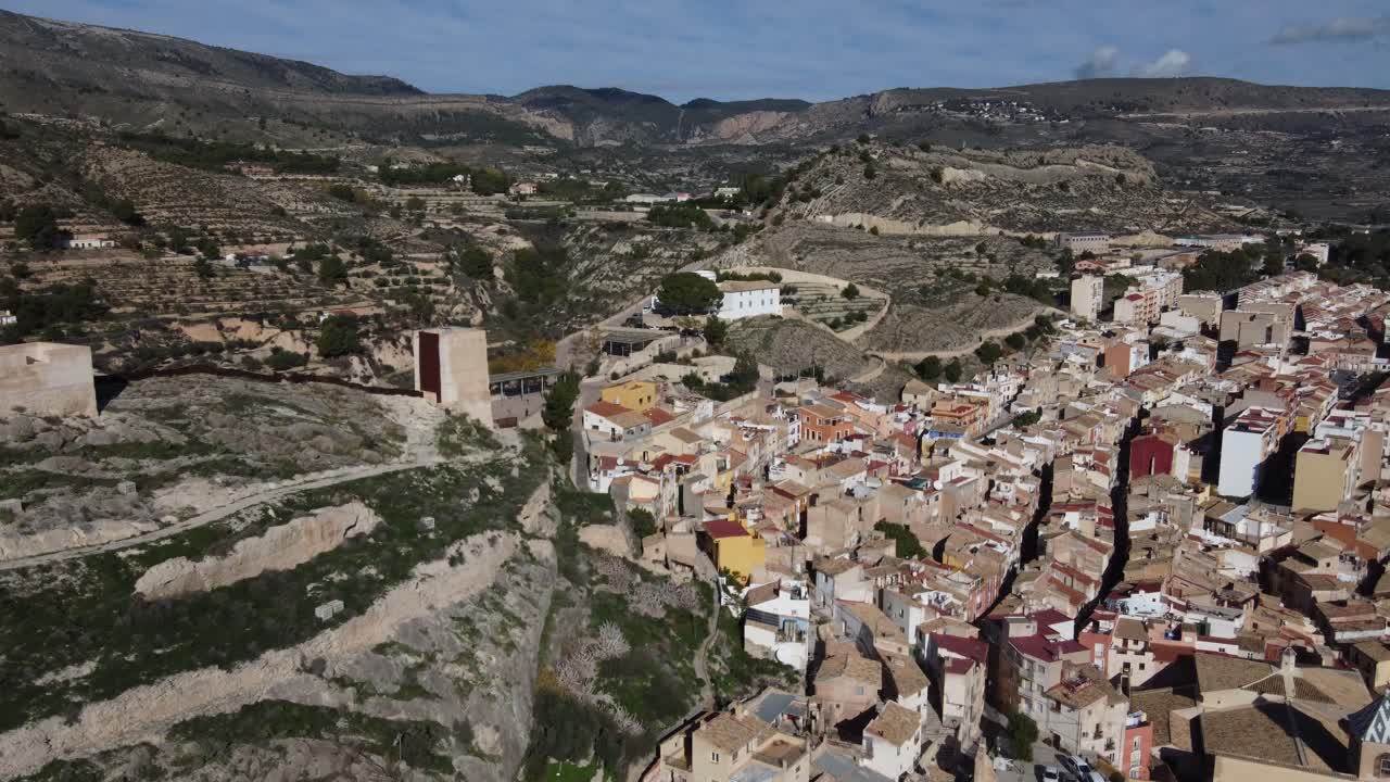Aerial approach to the castle and village of Jijona, Spain