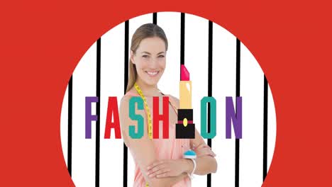 animation of fashion text and fashion designer on red background