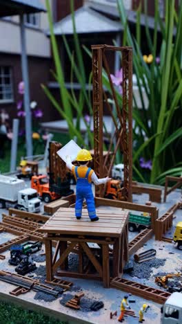 miniature construction worker standing on wooden platform, reviewing blueprint while overseeing intricate construction site diorama with careful precision