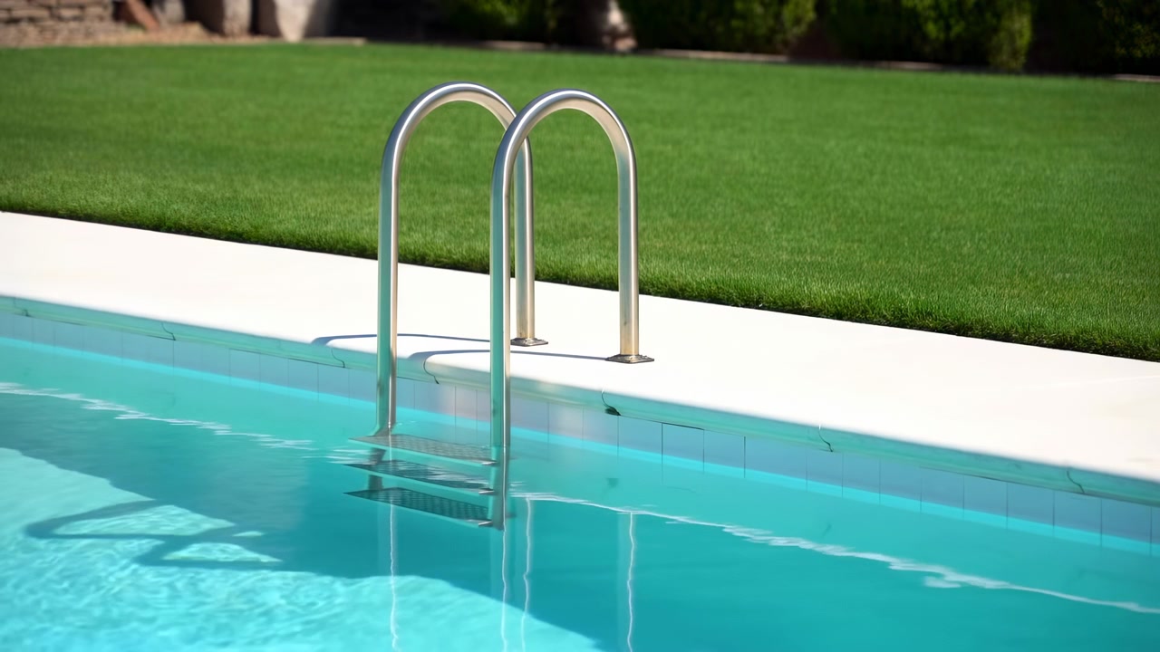 En fredfyldt udendørs ramme med en swimmingpool med stige, omgivet af et græsklædt område nær beton- og metalstrukturer, fanget fra øjenhøjde, med en afslappet stemning.