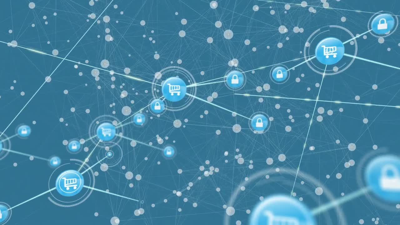 Animation of network of connections with icons on blue background