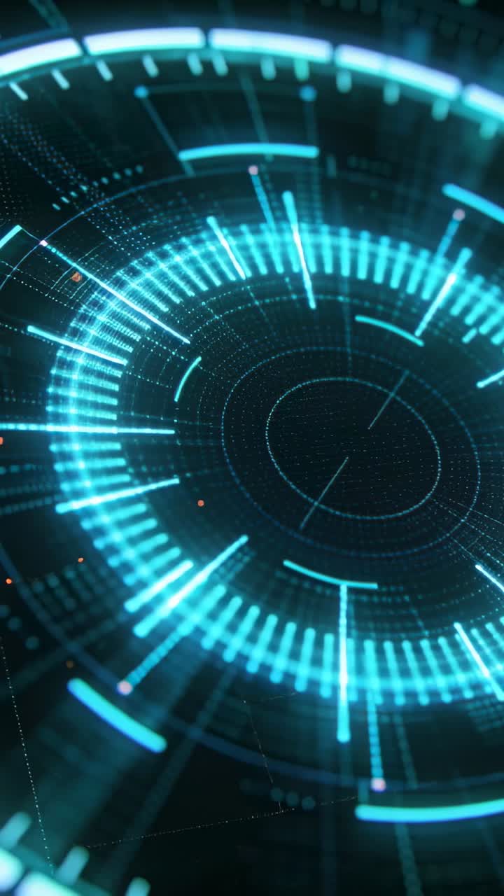 Video verticale: HUD olografico verde acqua rotante che si avvia in un display virtuale, con barre radiali che scansionano.